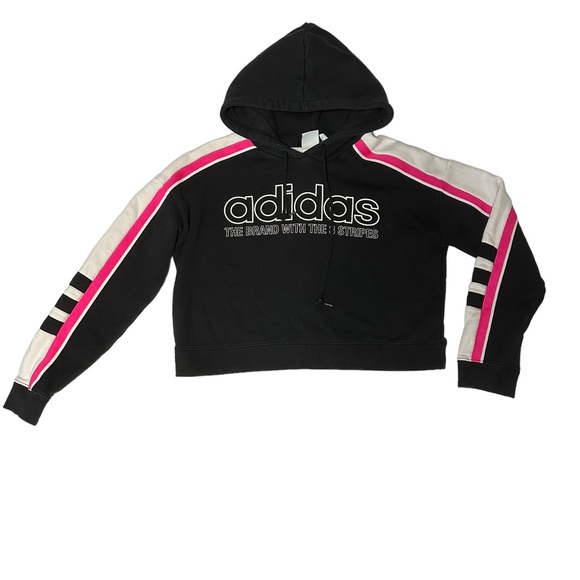 Adidas long sleeve crop hoodie in size XS. Black front. Pink and white sleeves - Picture 7 of 11